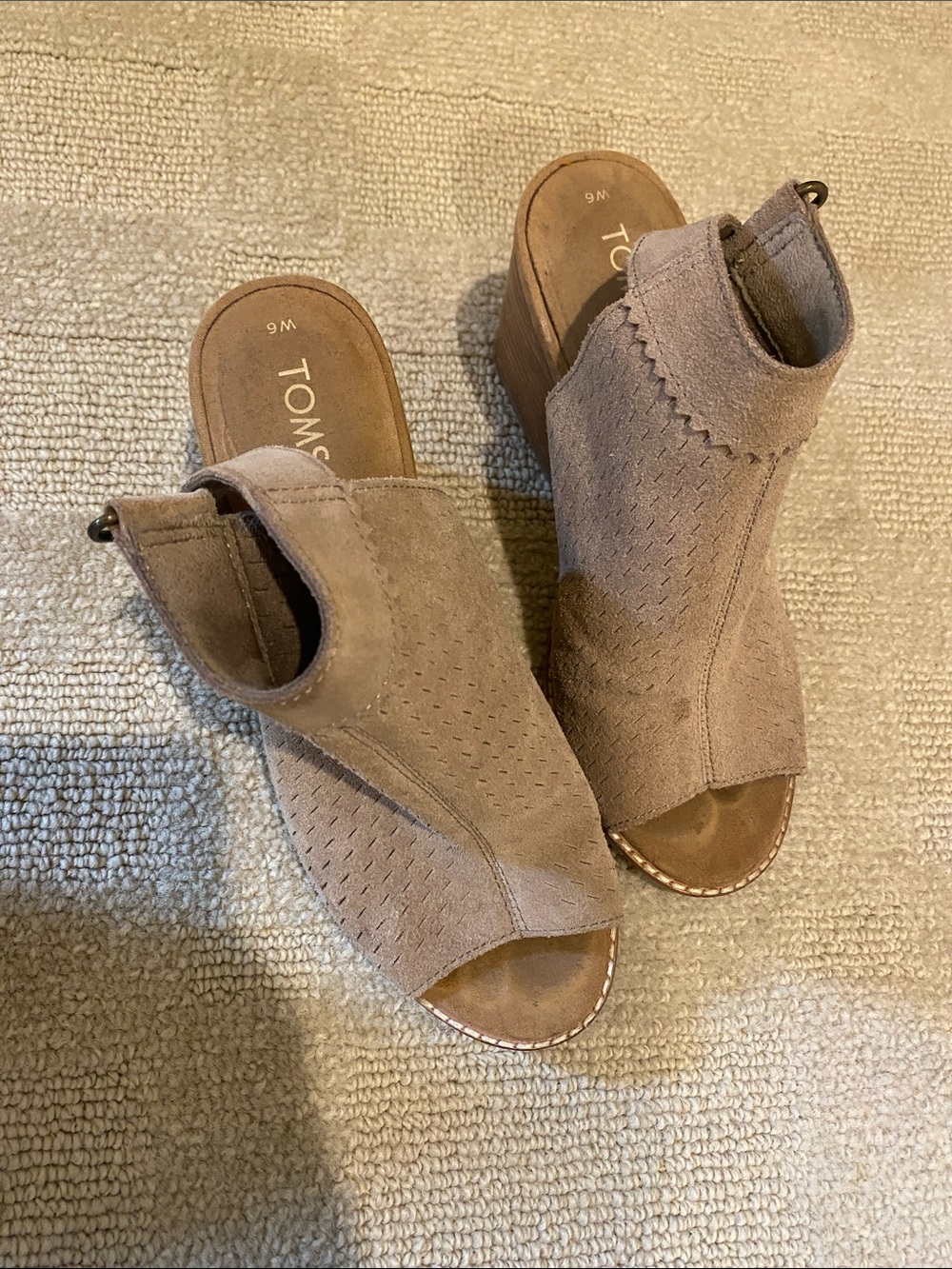 Toms Taupe Suede Peep-Toe Wedge Mules
